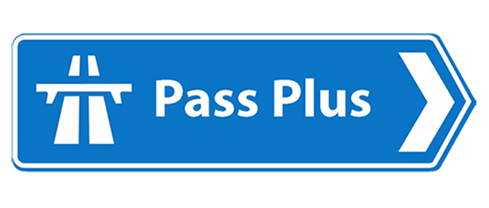 Pass Plus on a blue and white road sign